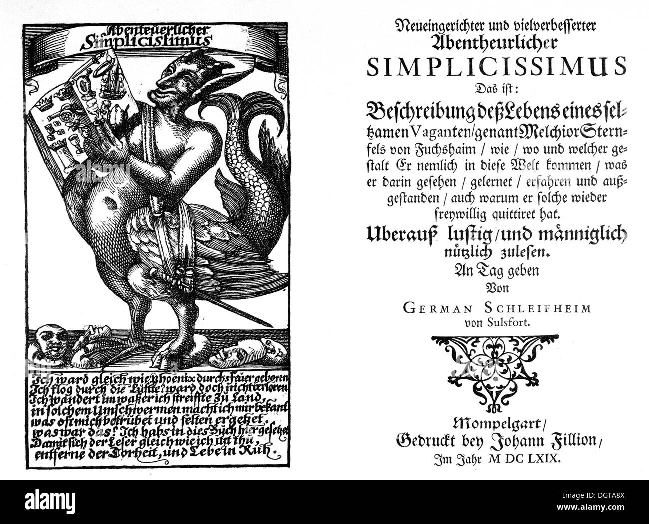 Frontispiz und Abdeckung der ersten Drucken des Simplicissimus von 1669, historische Darstellung in die Deutsche Literaturgeschichte Stockfoto