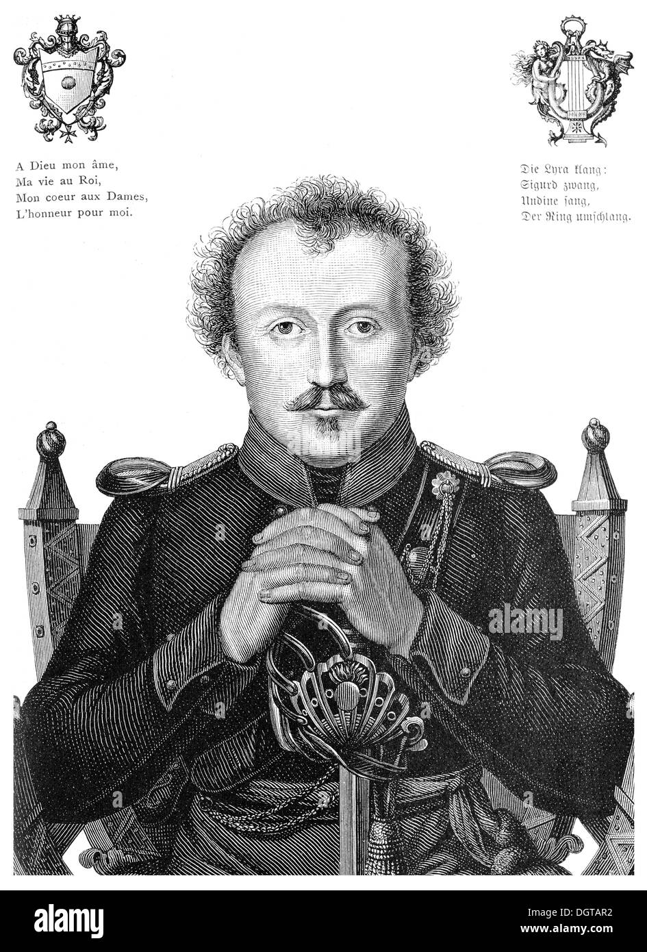 Friedrich Baron De La Motte Fouqué, 1818, historische Illustration aus Deutsche Literaturgeschichte, eine Geschichte der deutschen Sprache Stockfoto