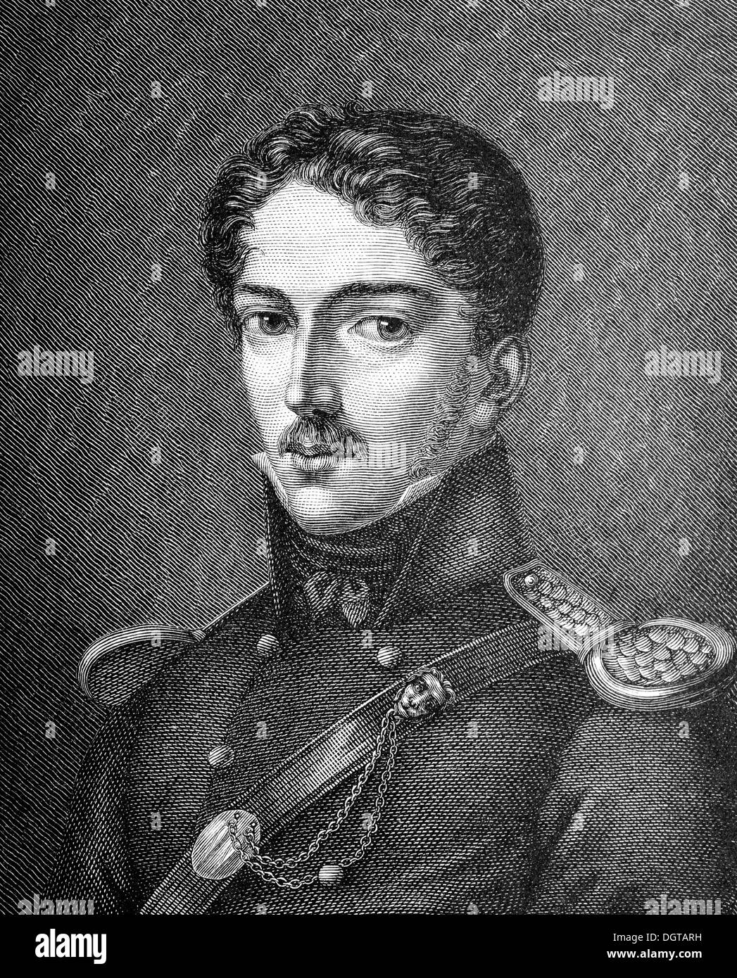 Theodor Koerner in der Uniform der Luetzower Armee, historische Illustration aus Deutsche Literaturgeschichte, eine Geschichte der Stockfoto