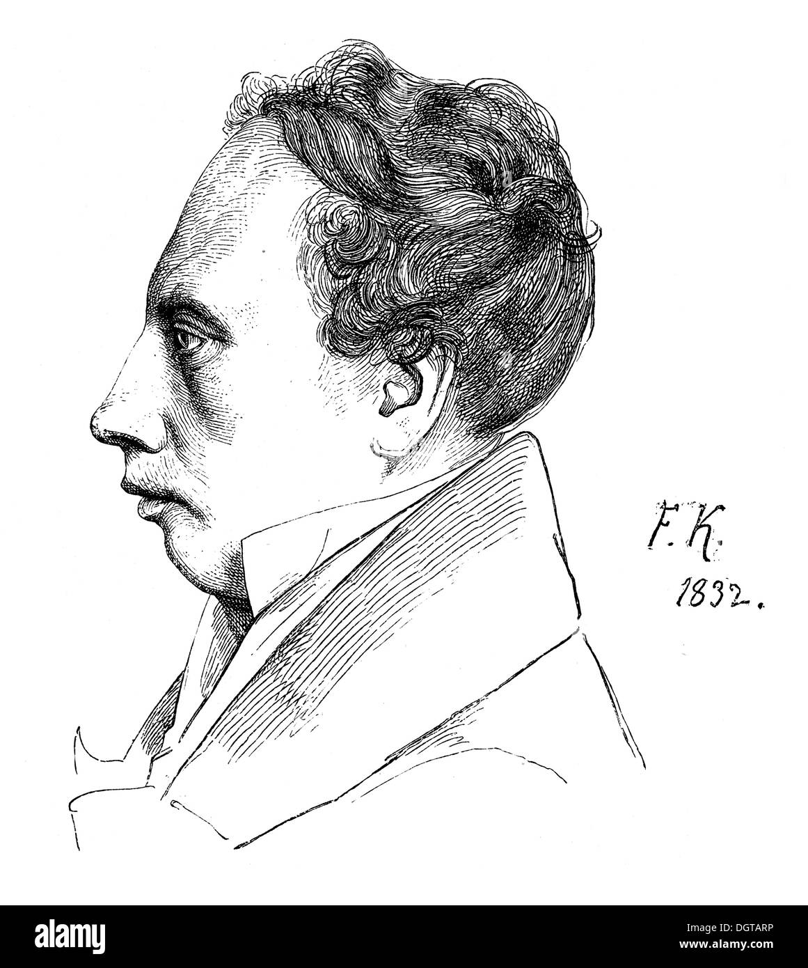 Ludwig Uhland im Jahre 1832, historische Illustration aus Deutsche Literaturgeschichte, eine Geschichte der deutschen Literatur aus dem Jahr 1885 Stockfoto