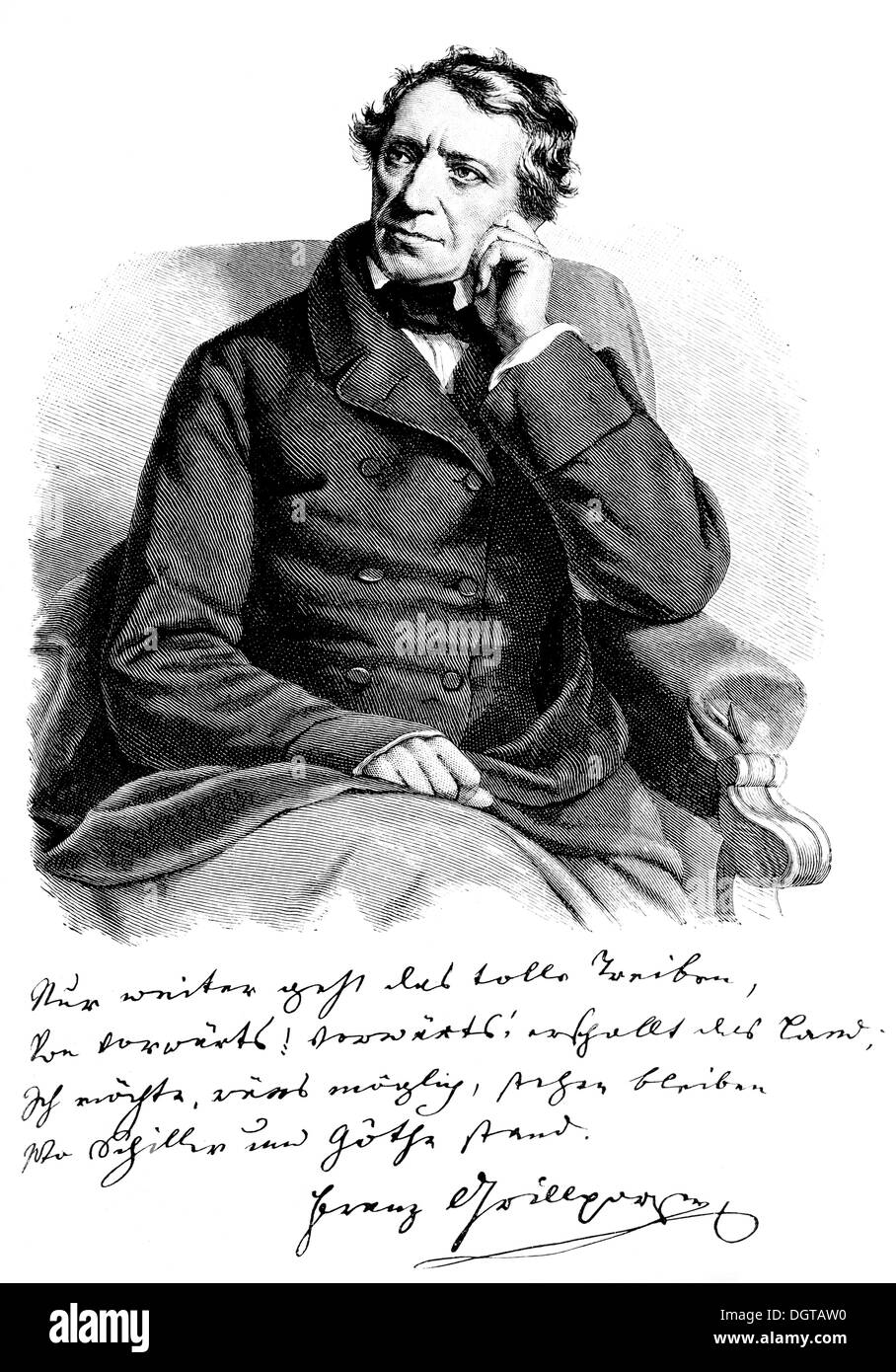 Franz Grillparzer, genommen direkt aus dem Leben, 1858, historische Darstellung aus der Geschichte der deutschen Literatur aus dem Jahr 1885 Stockfoto