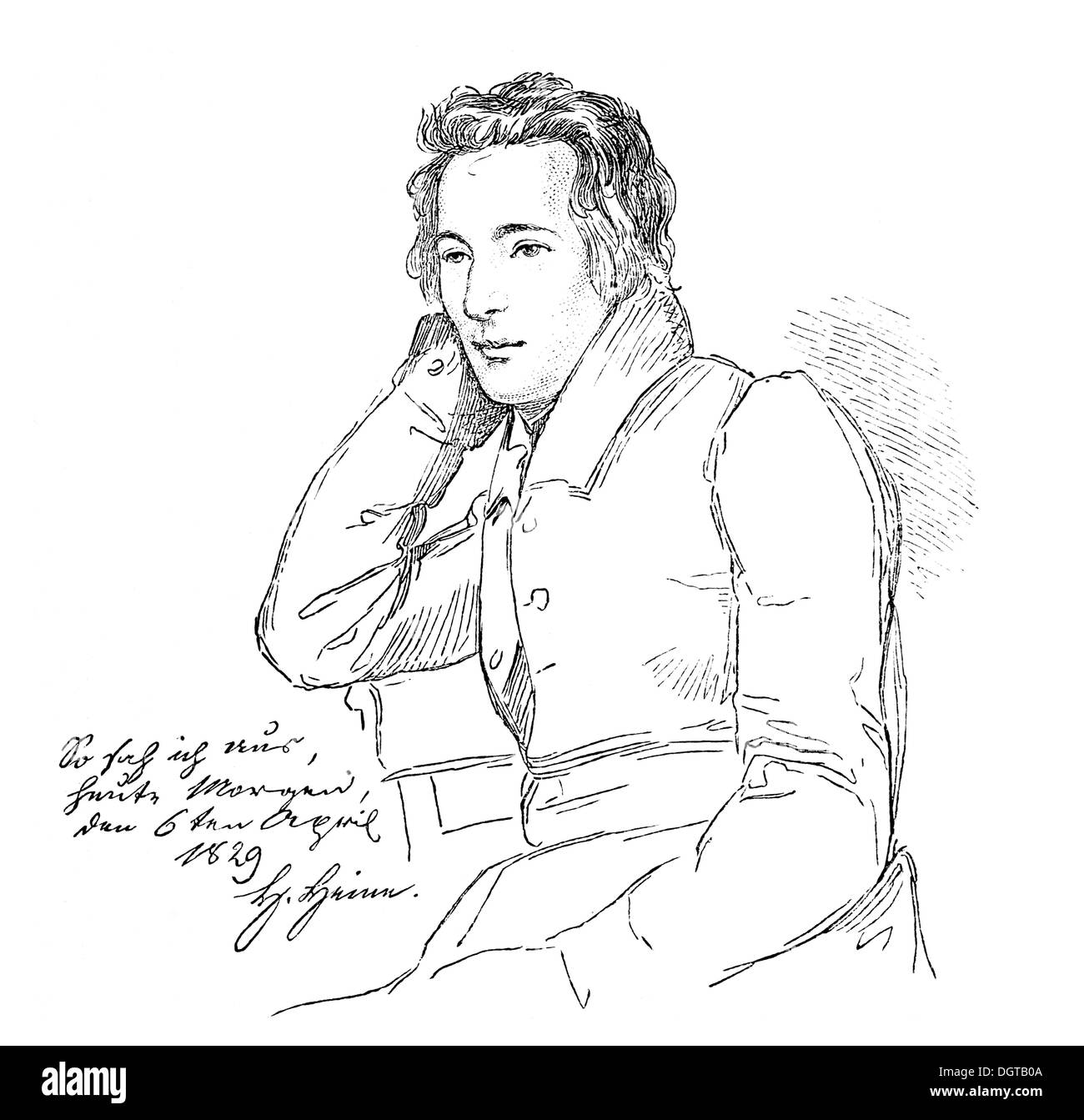 Porträt von Heinrich Heine im Alter von 29, gezeichnet von Franz Kugler, historische Darstellung aus der Geschichte der deutschen Literatur aus dem Jahr 1885 Stockfoto