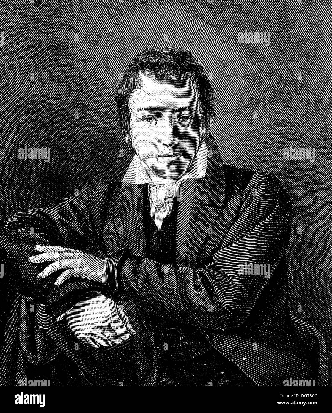 Porträt des jungen Heinrich Heine, Gemälde von Moritz Oppenheim, historische Darstellung aus der Geschichte der deutschen Literatur aus dem Jahr 1885 Stockfoto