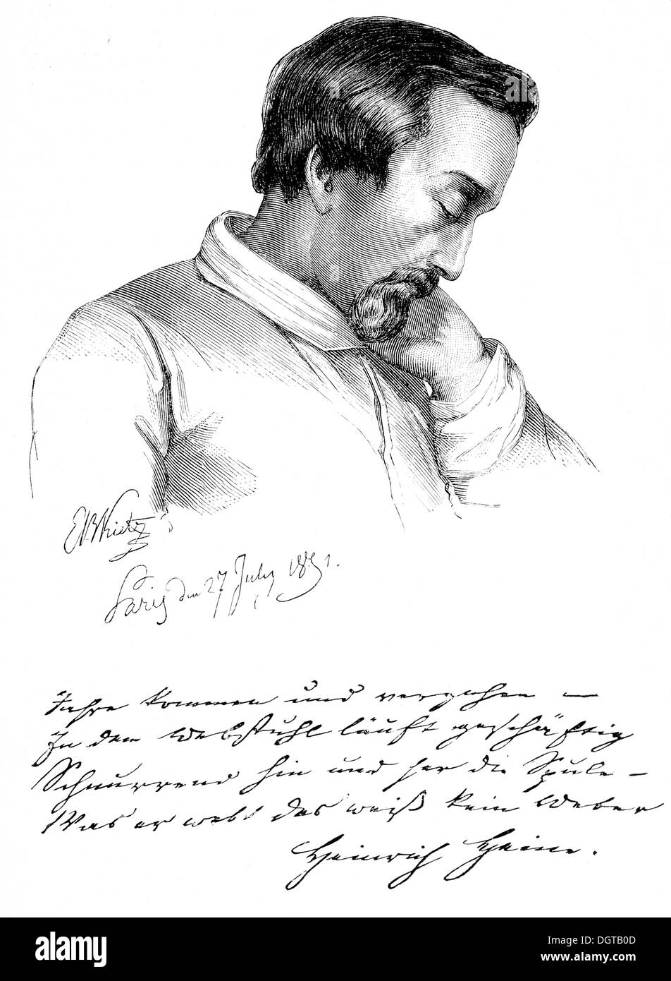 Heinrich Heine während seiner Krankheit, gezeichnet von Kietz in Paris im Jahre 1851, historische Illustration aus der Geschichte der deutschen Literatur aus Stockfoto