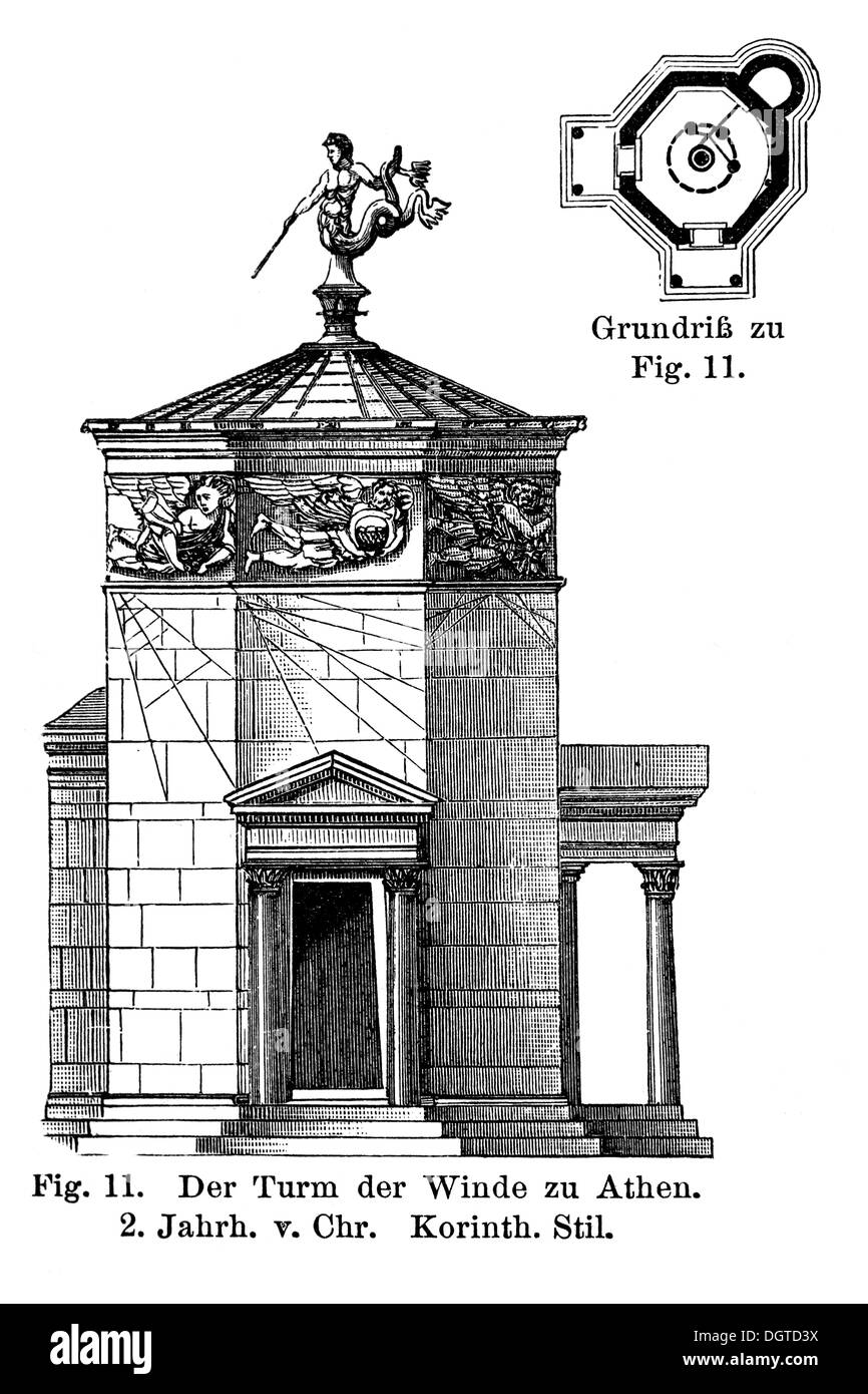 Turm der Winde in Athen, 2. Jahrhundert v. Chr., korinthischen Stil, Illustration, Meyers Konversations-Lexikon Enzyklopädie, 1897 Stockfoto
