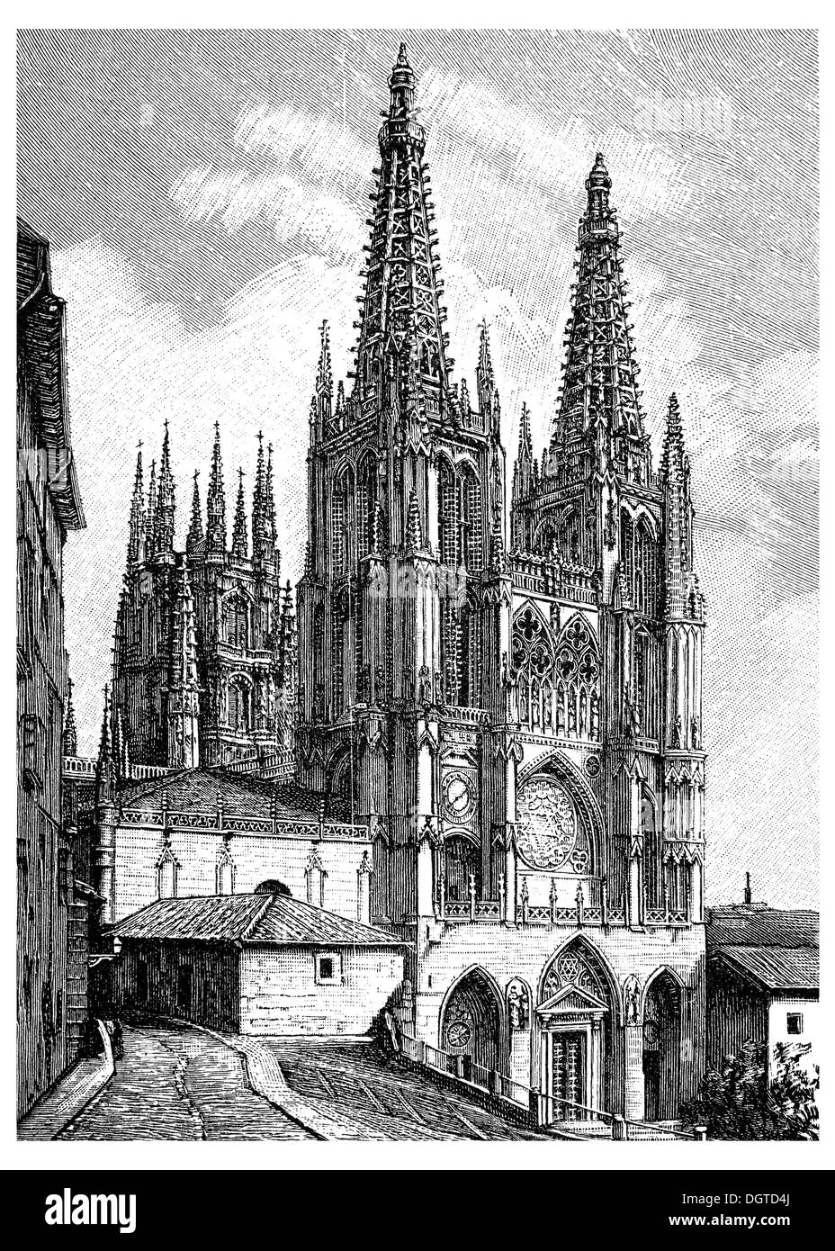 Kathedrale von Burgos, begonnen im Jahre 1221, abgeschlossen von 1442 bis 1487 durch John Köln oder Johann von Koeln, Illustration, Meyers Stockfoto