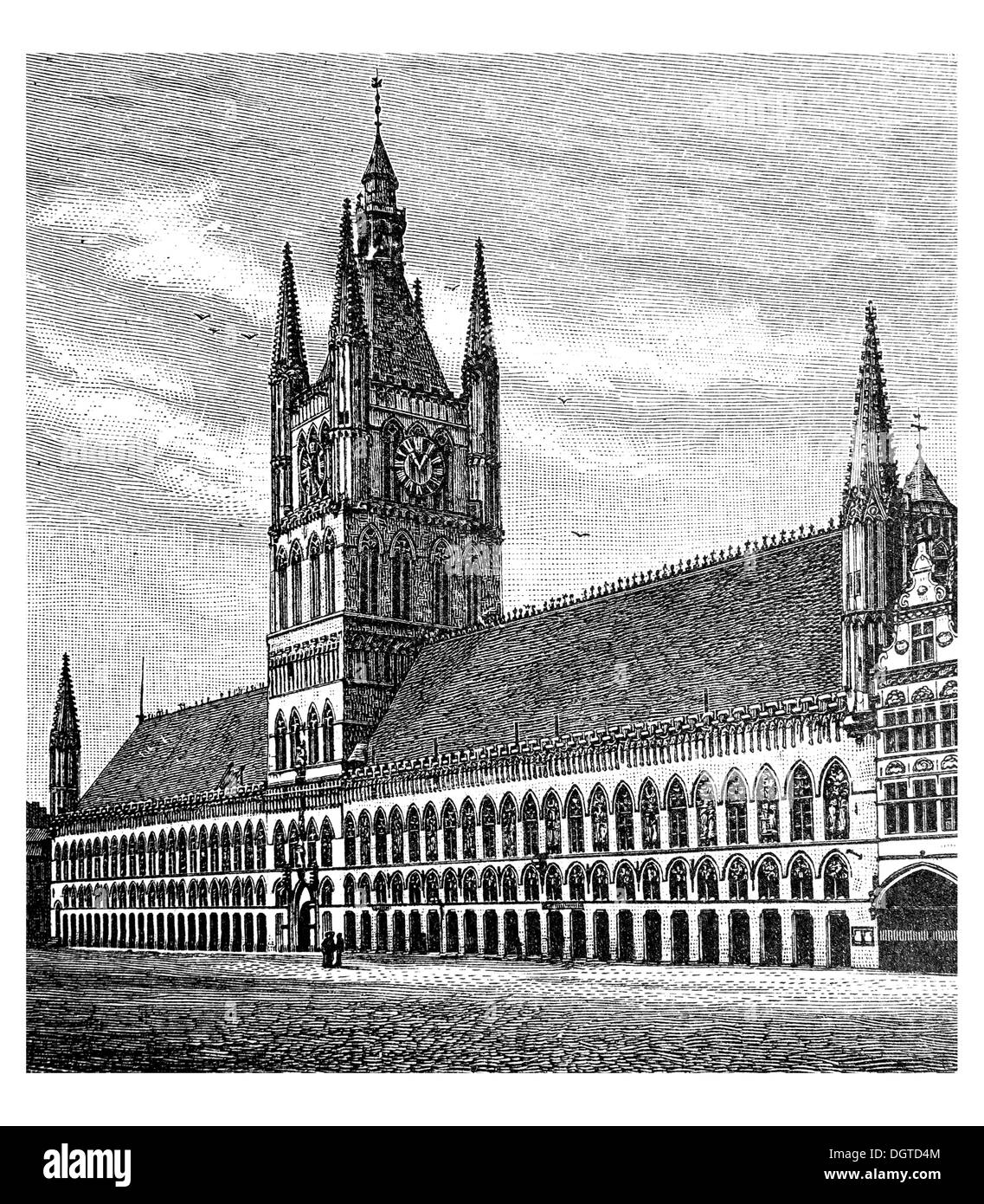 Tuchhallen von Ypern, erbaut von 1201 bis 1342, Illustration, Meyers Konversations-Lexikon Enzyklopädie, 1897 Stockfoto