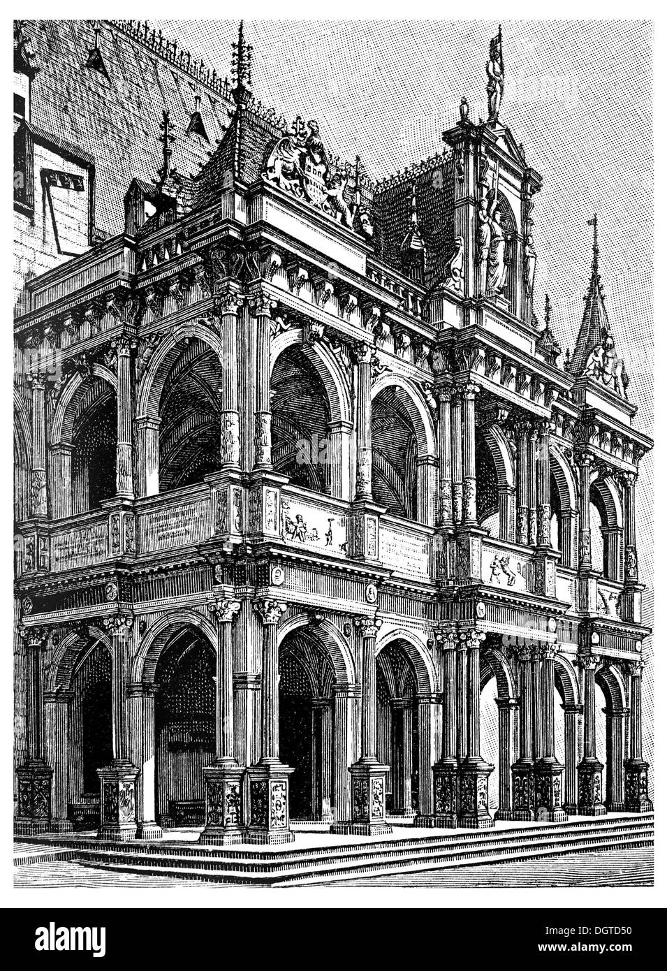 Vestibül des Kölner Rathaus, 1569, Illustration, Meyers Konversations-Lexikon Enzyklopädie, 1897 Stockfoto