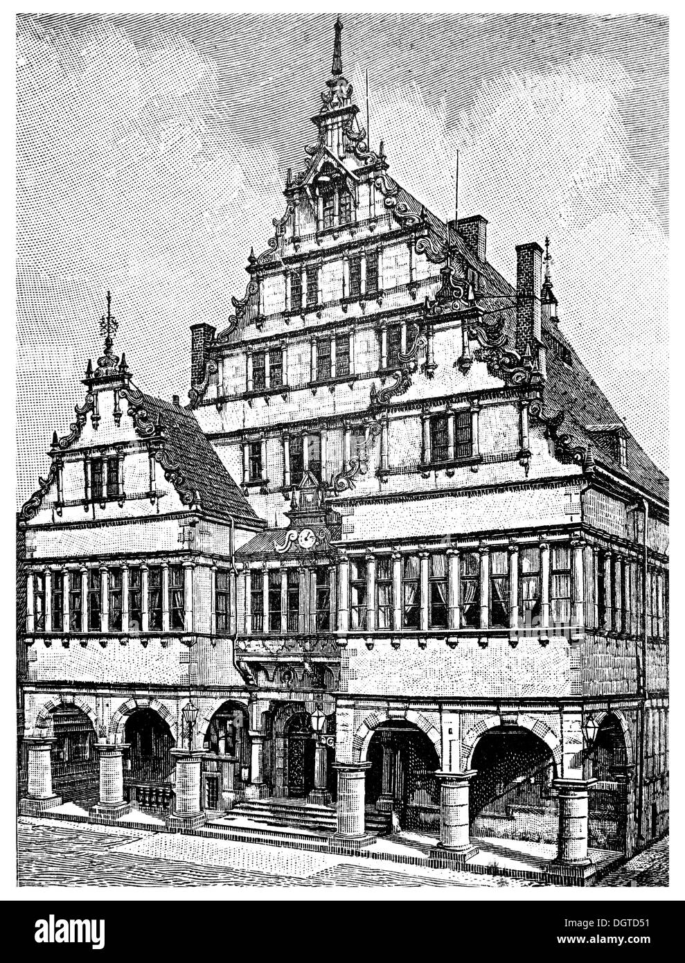 Rathaus von Paderborn, von 1614 bis 1616, Illustration, Meyers Konversations-Lexikon Enzyklopädie, 1897 Stockfoto