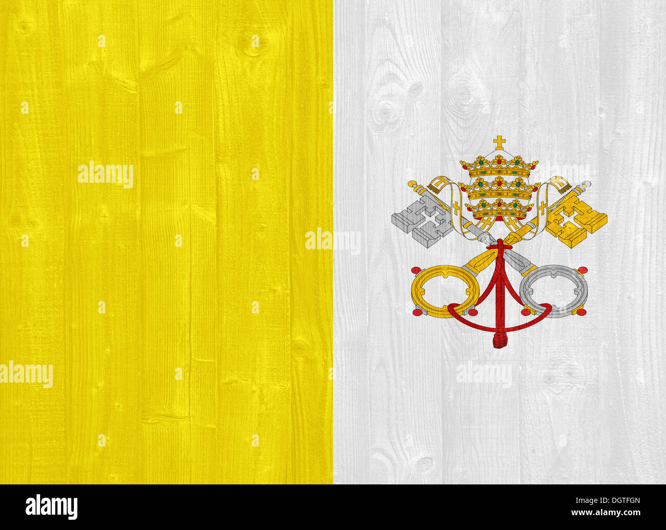 wunderschöne Vatikanstadt Flagge gemalt auf einem Holzbrett Textur Stockfoto