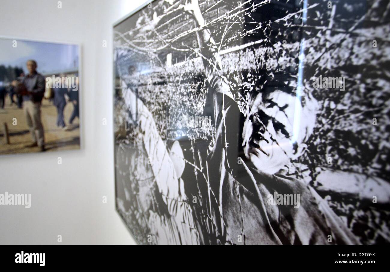 Füssen, Deutschland. 17. Oktober 2013. Ein Szene-Foto, das Schauspieler Steve McQueen in Barbwire gefangen ist im Stadtmuseum in Füssen, Deutschland, 17. Oktober 2013 ausgestellt. "The Great Escape" vor 50 Jahren in der Region Allgäu gedreht wurde. Foto: Karl-Josef Hildenbrand/Dpa/Alamy Live News Stockfoto