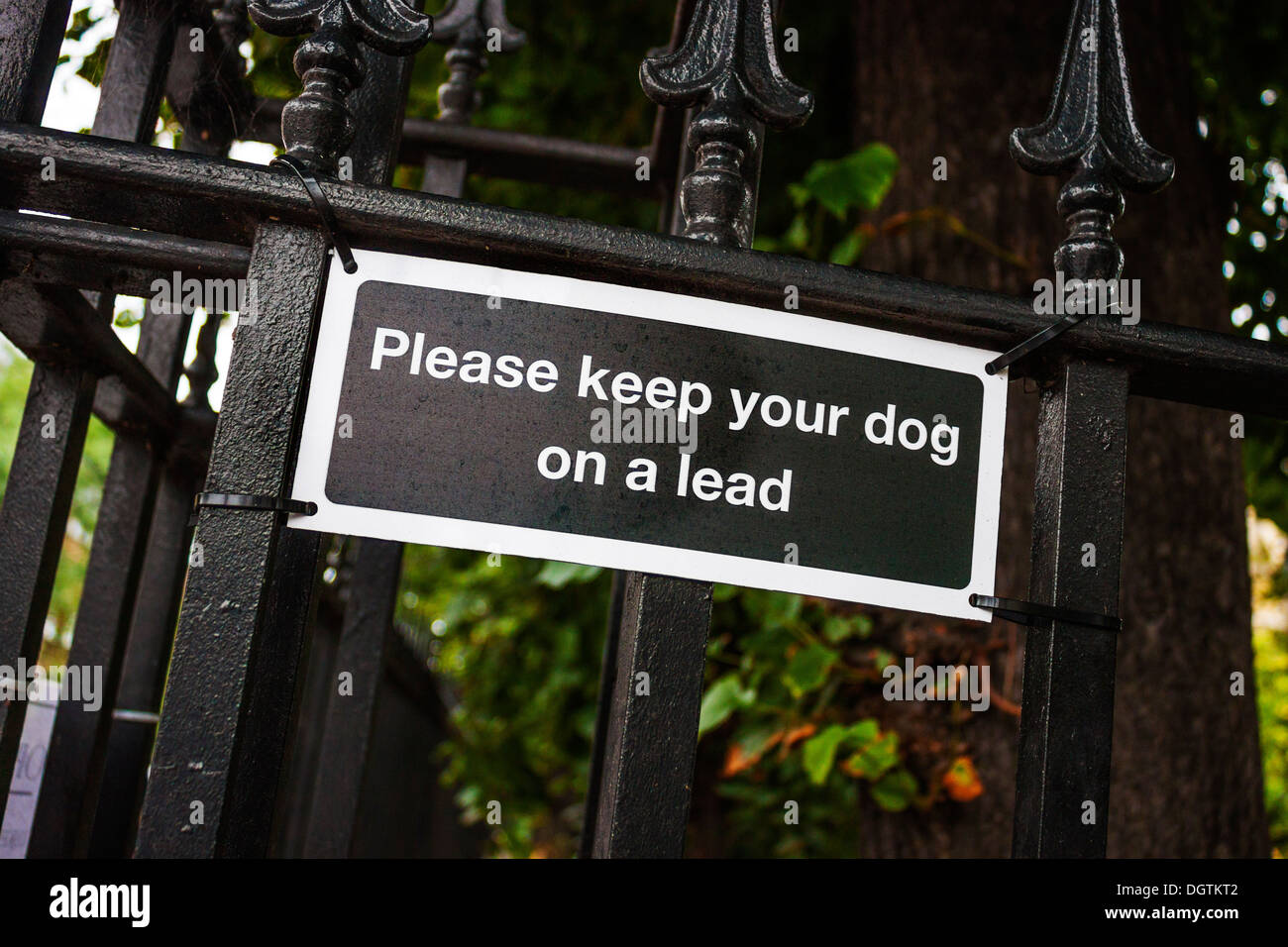 Bitte halten Sie Ihren Hund an der Leine, Zeichen Stockfoto