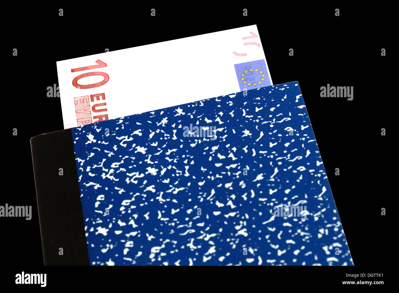 10 Euro in einem blauen Notizbuch Stockfoto