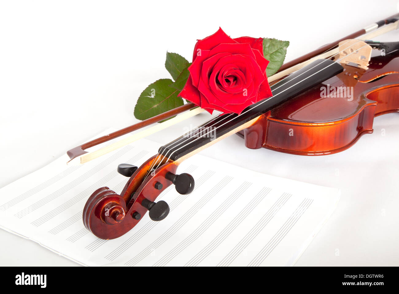 Viola mit roten Rosen auf Notizen Blatt Stockfoto