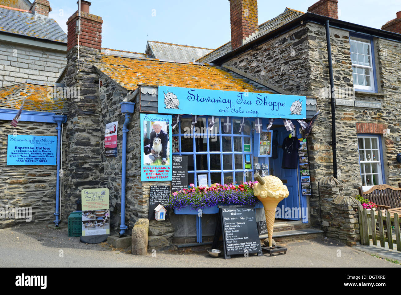 Blinder Passagier Tea Shoppe, Vorderstraße, Port Isaac, Cornwall, England, Vereinigtes Königreich Stockfoto