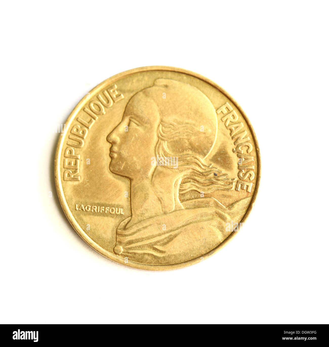 Münze Makro isoliert auf weiss: 20 Rappen des französischen Franc Stockfoto