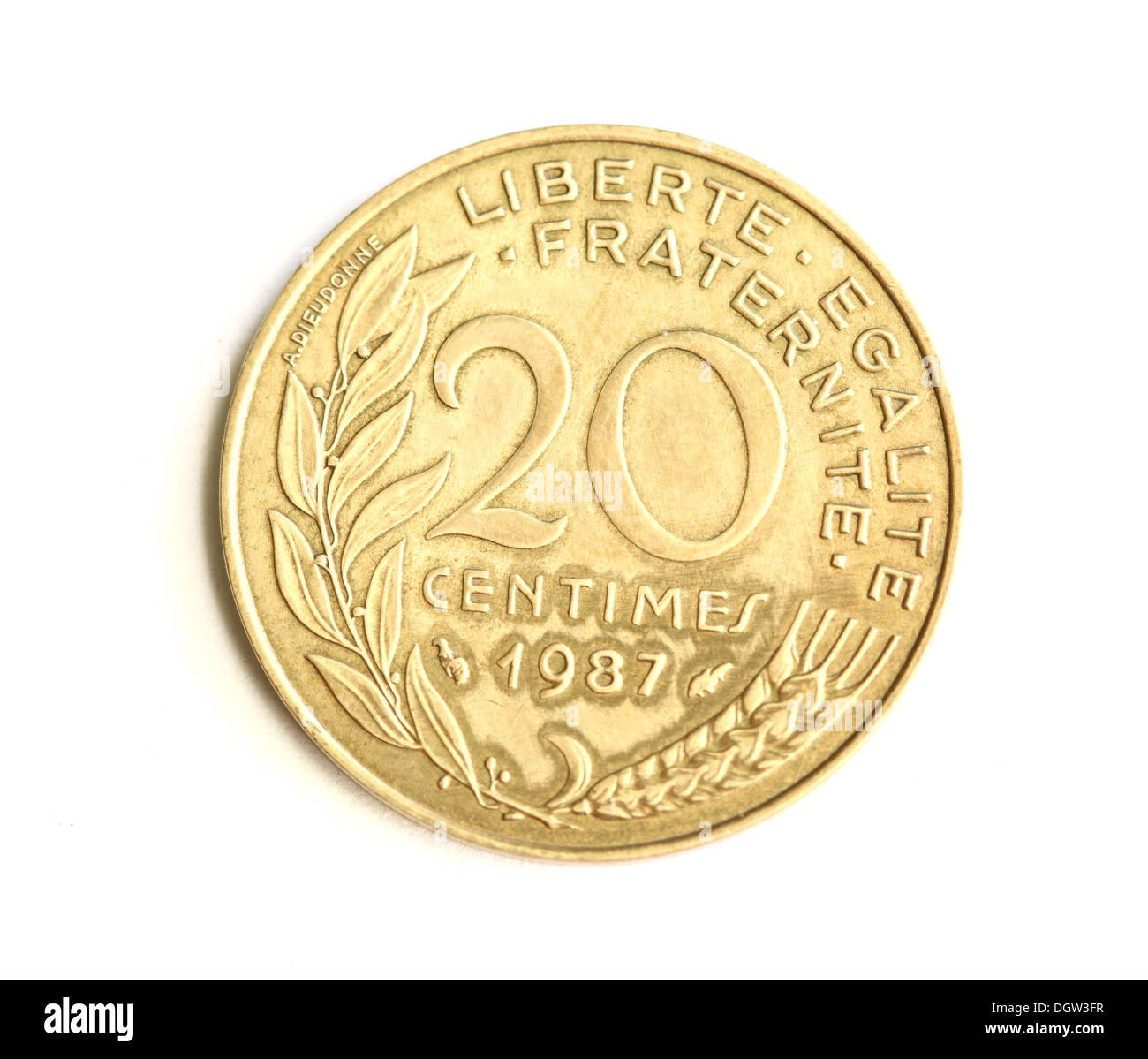 Münze Makro isoliert auf weiss: 20 Rappen des französischen Franc Stockfoto