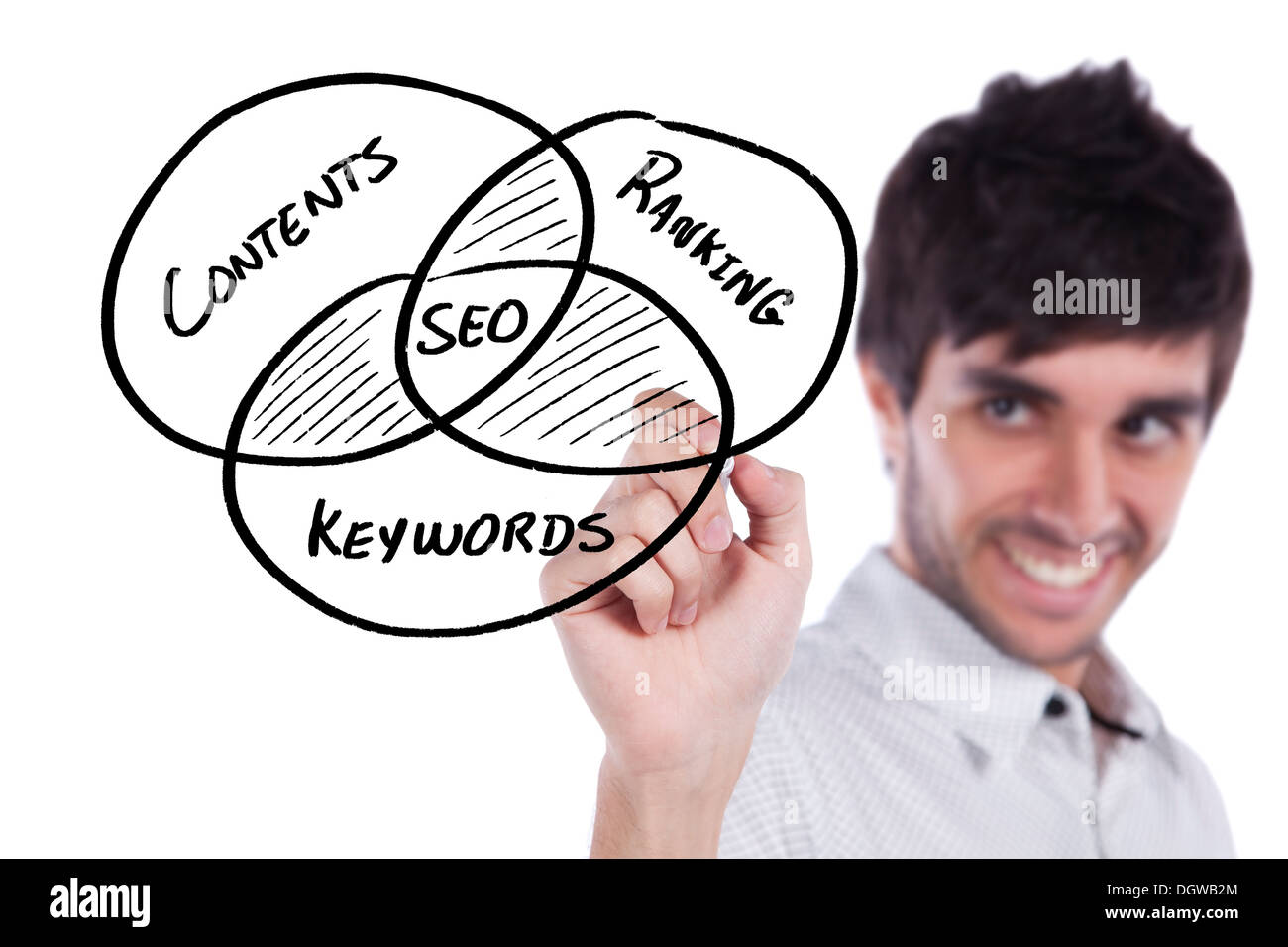 Geschäftsmann, ein SEO-Diagramm auf dem Whiteboard schreiben Stockfoto