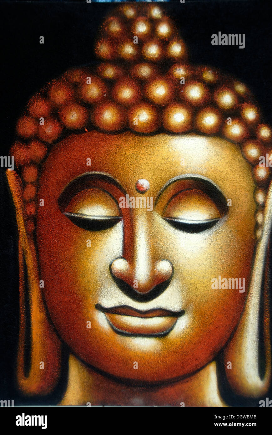 Kunst, Malerei, Kopf des goldenen Buddha mit geschlossenen Augen tief in Meditation, Ubud, Bali, Indonesien, Südostasien, Asien Stockfoto