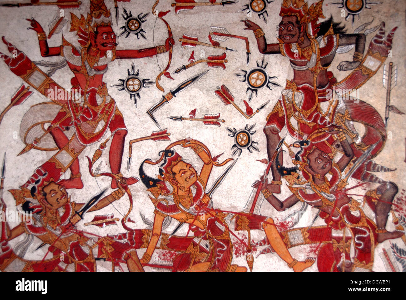Deckengemälde im Königspalast, Kampf der Götter, Kerta Gosa, Taman Gili Palast, Klungkung, Semarapura, Bali, Indonesien Stockfoto