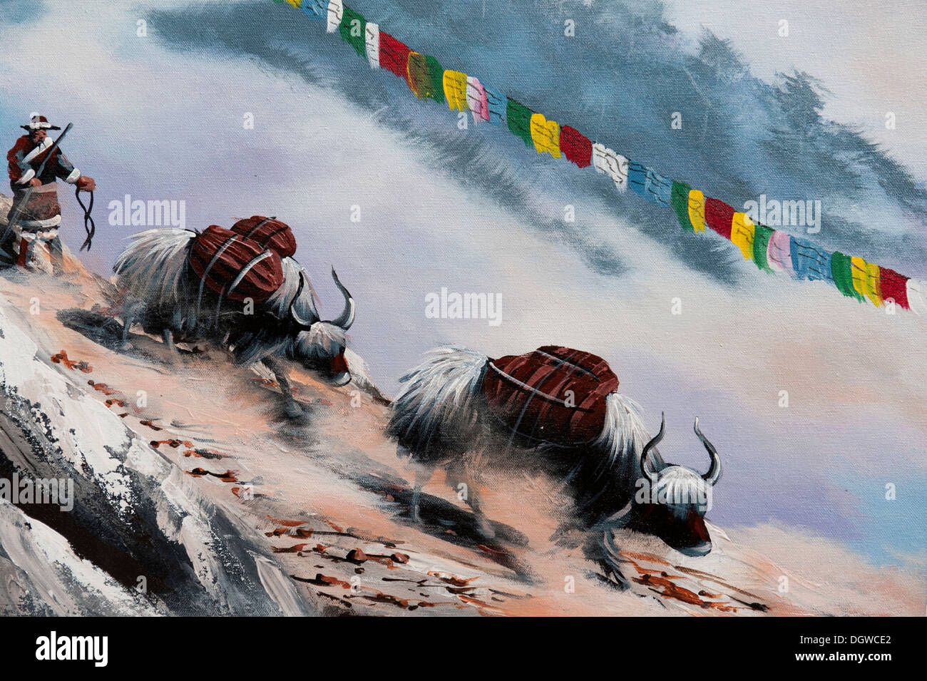 Kunst, Malerei eines Nomaden mit Yaks, Landleben, Galerie in Kathmandu, Nepal, Asien Stockfoto