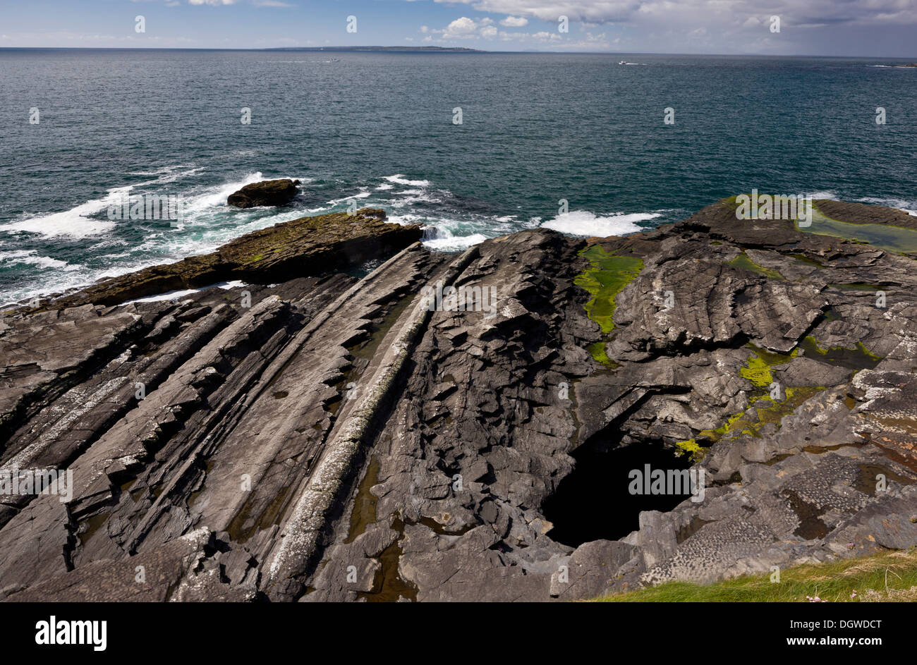 Blick nach Norden von Klippen von Moher in Sandstein und Kalksteinen Ufer in Richtung Doolin und Galway Bay, The Burren, Irland Stockfoto