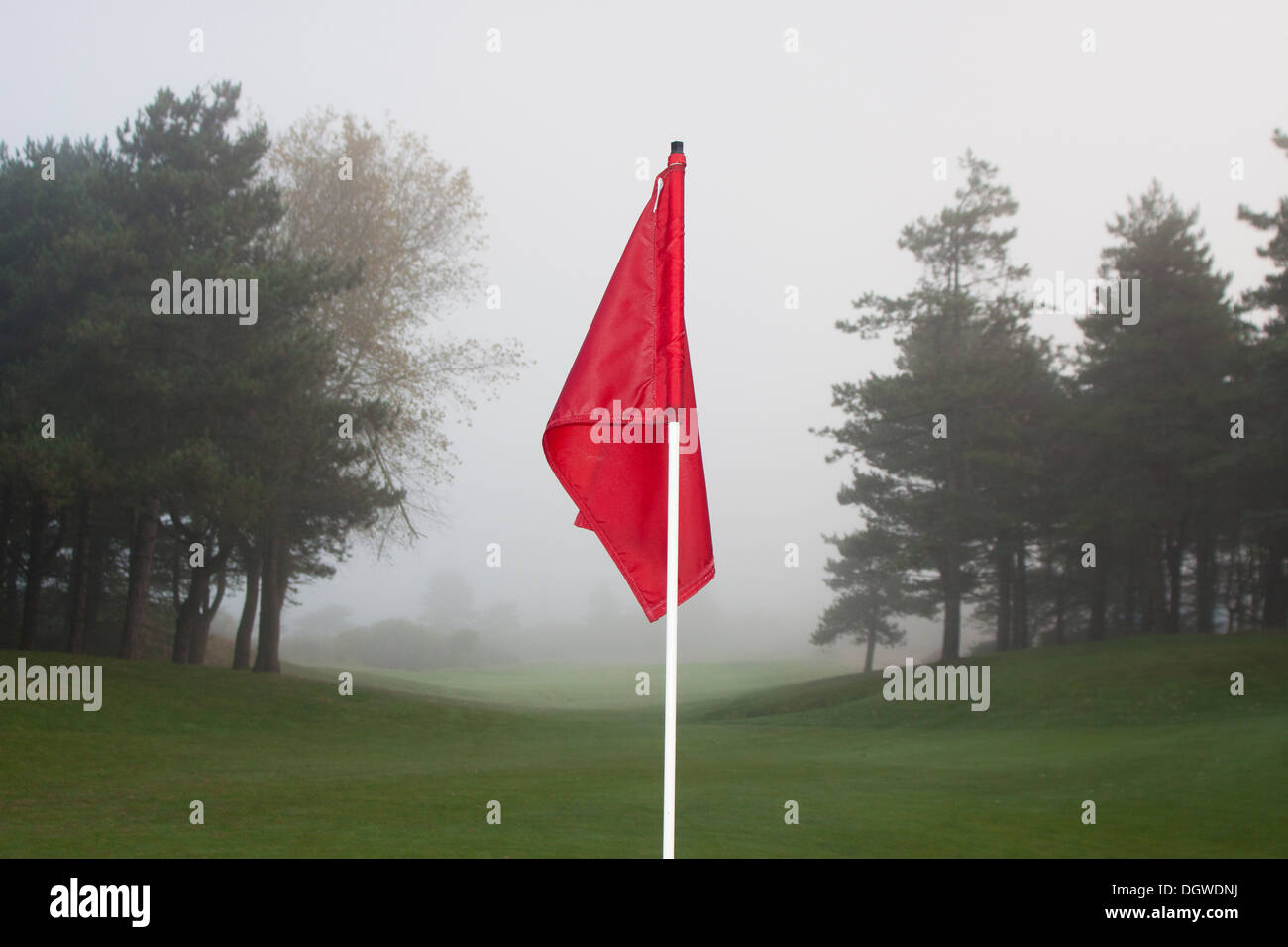Golfflagge (rot) in Nahaufnahme. Stockfoto