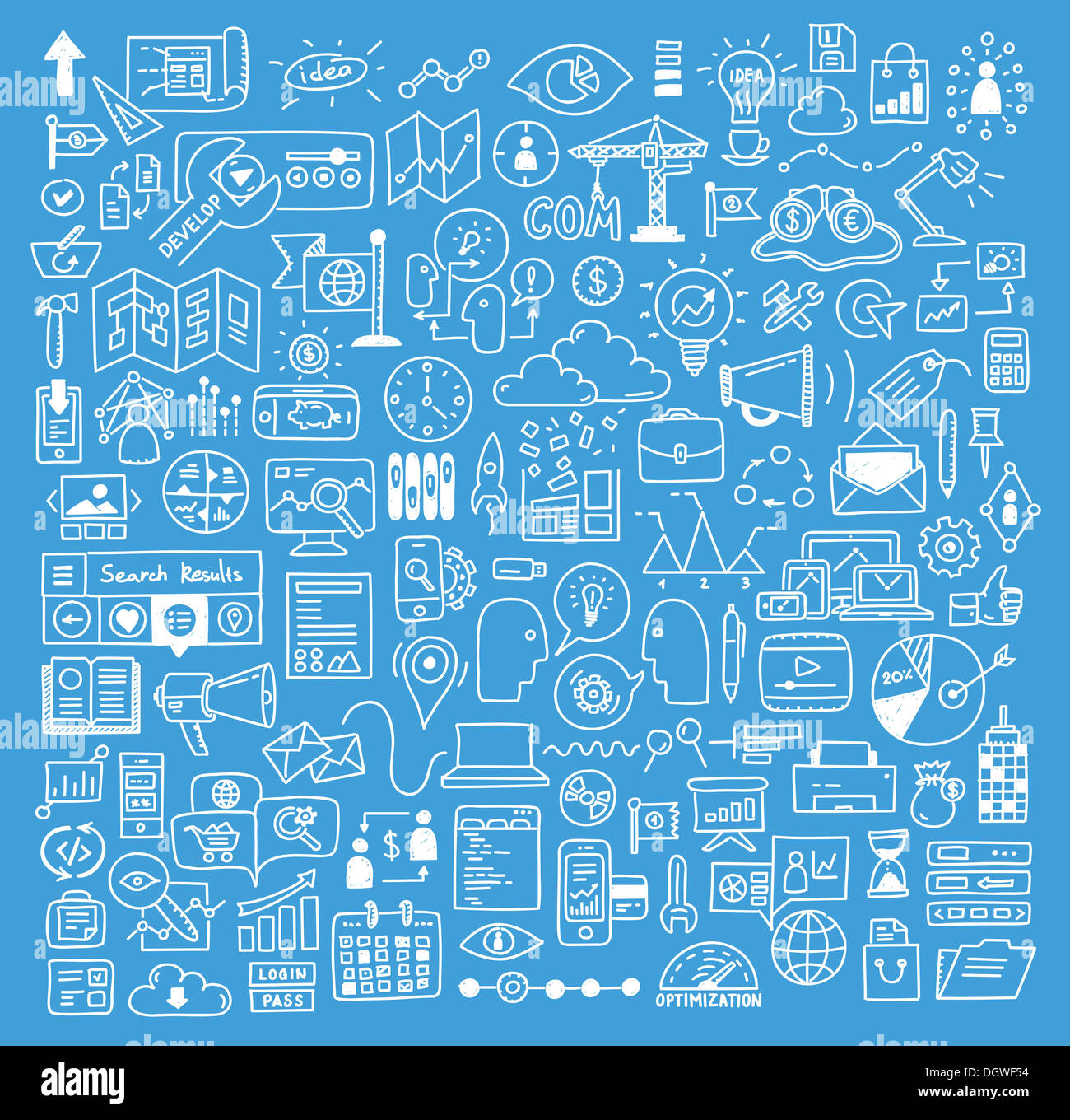 Hand gezeichnete Illustration Icons Set Geschäftsstrategie, Brainstorming und Webseitenentwicklung Kritzeleien Elemente Stockfoto