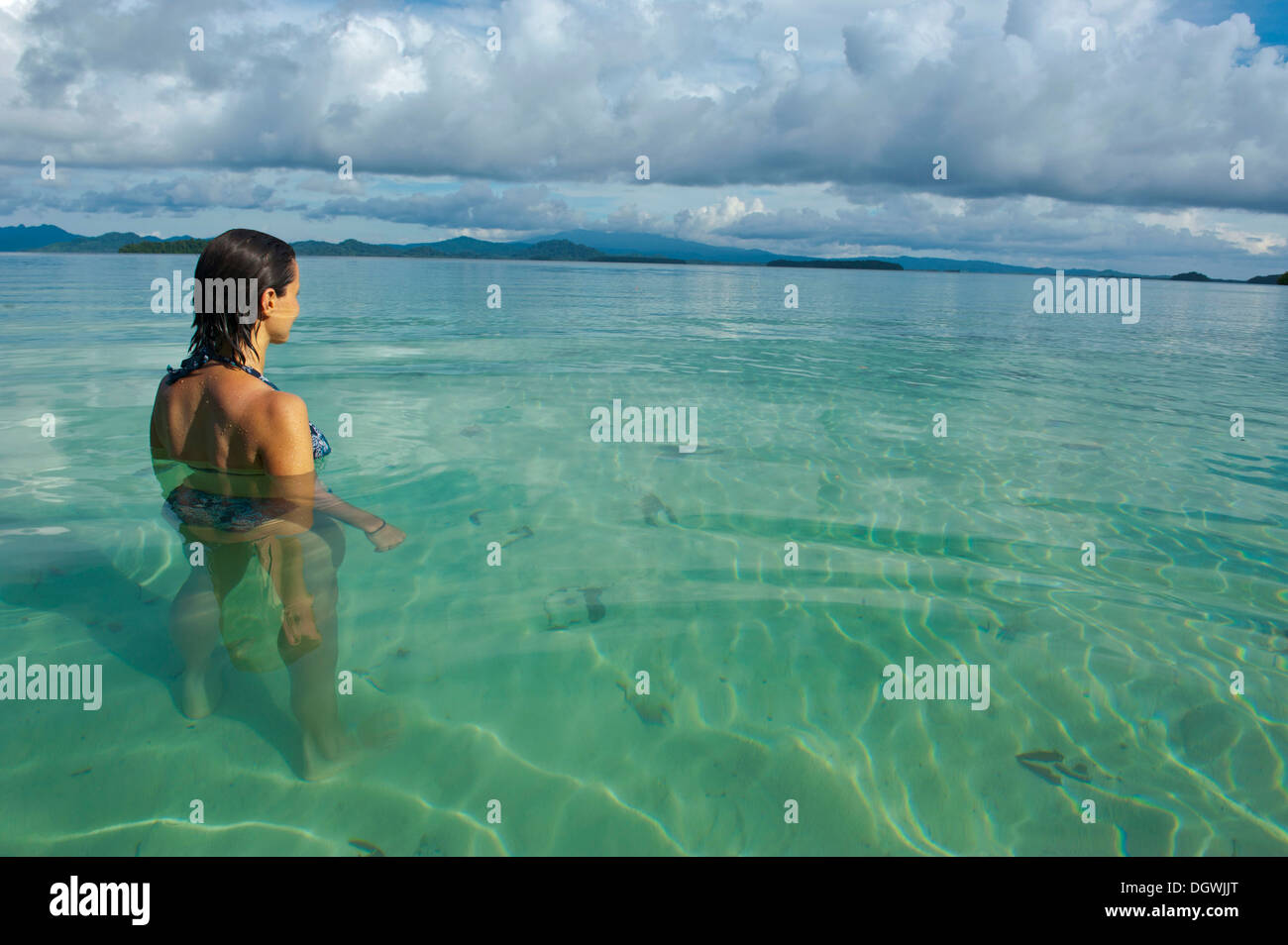 Touristen stehen im klaren Wasser des Marovo Lagune, Marovo Lagune, Western Province, Salomonen Stockfoto