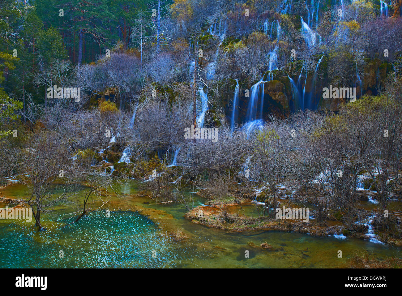 Cuervo River, Naturpark, Naturdenkmal, Vega del Cororno Cuervo Fluss Quelle, Serrania de Cuenca Natural Park, Cuenca Stockfoto