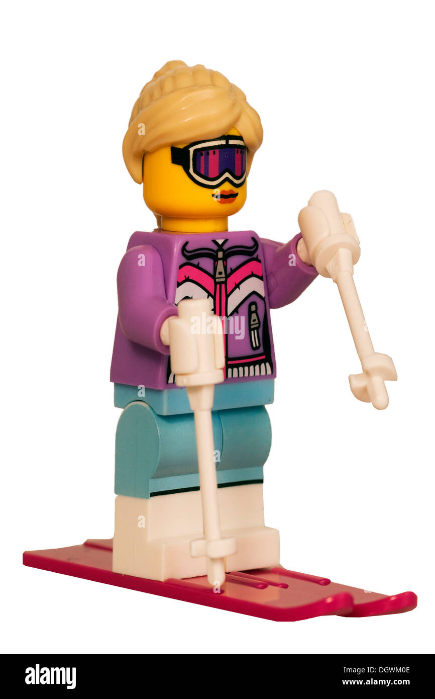 Puppe mit Skibekleidung und Ski, Skifahren Stockfoto