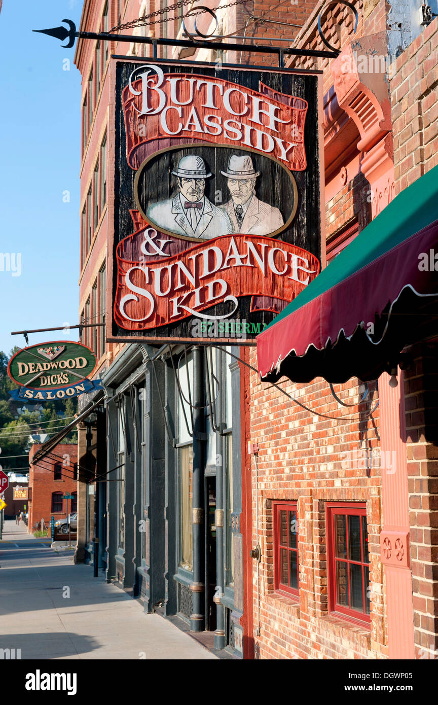 Zeichen, Butch Cassidy & the Sundance Kid, historische Westernstadt, Sherman Straße, Deadwood, South Dakota, USA Stockfoto