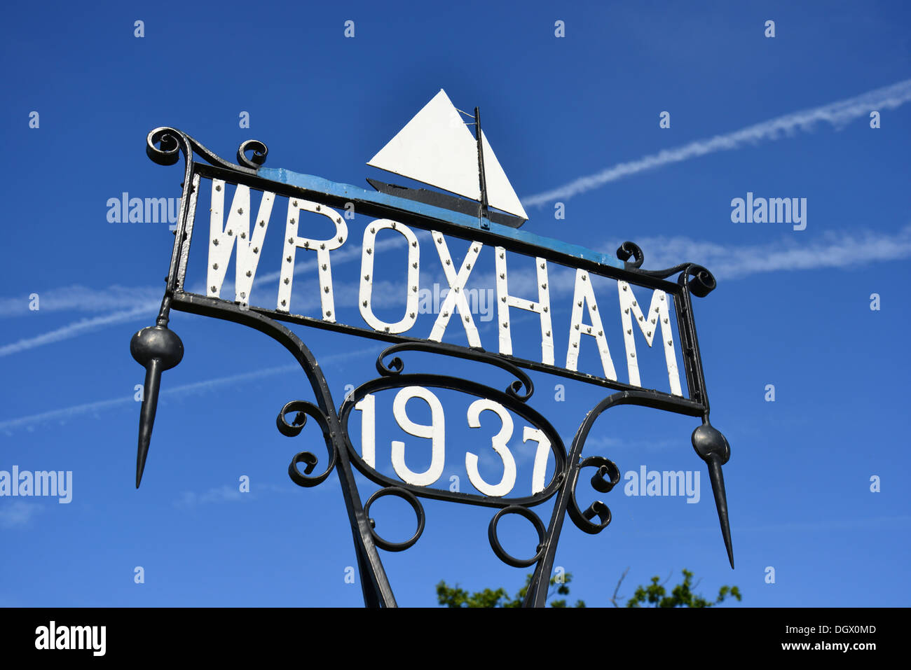 Wroxham Ortsschild, Wroxham, Norfolk Broads, Norfolk, England, Vereinigtes Königreich Stockfoto
