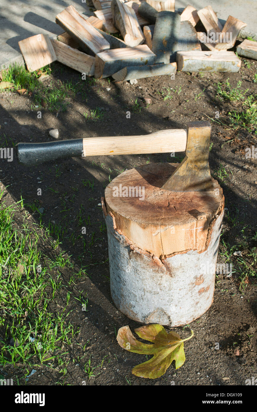 AX Holzhacken auf Hackklotz. Herbst Blätter Stockfoto