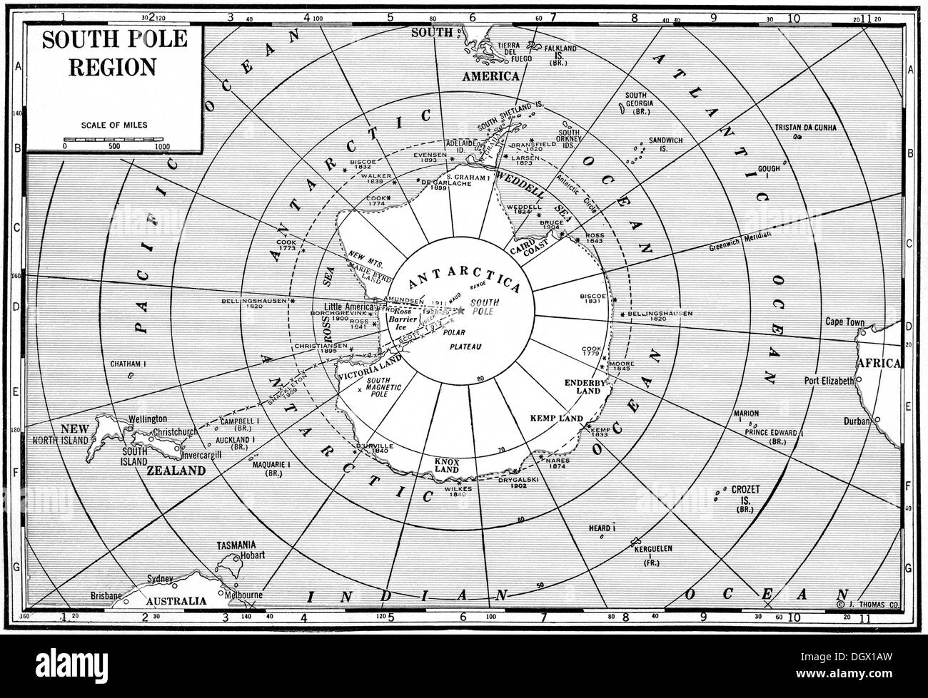 Alte Karte der Südpol, Antarktis, 1930er Jahre Stockfoto