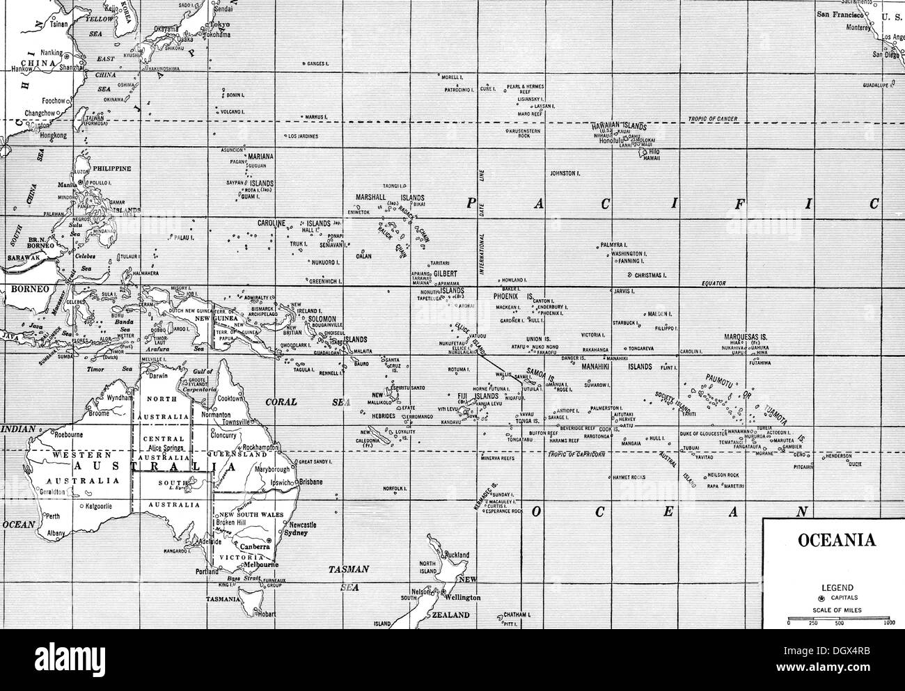 Alte Karte von Ozeanien, 1930er Jahre Stockfoto