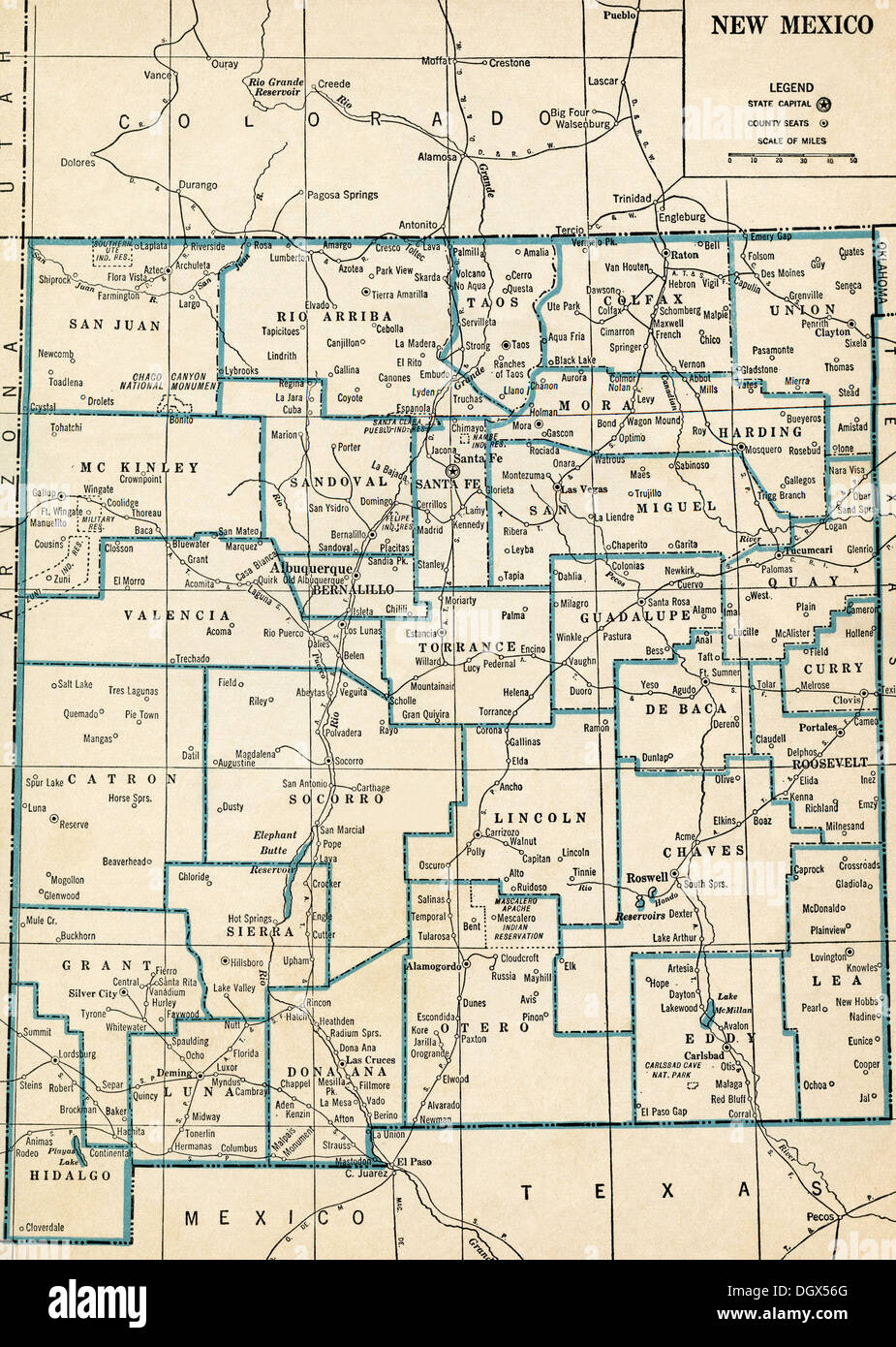 Alte Karte von New-Mexico Zustand, 30er Jahre Stockfoto