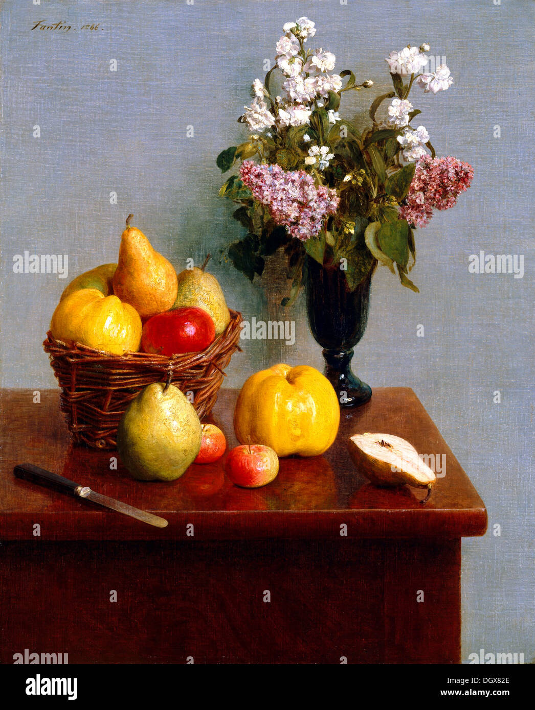 Stillleben mit Blumen und Früchten - von Henri Fantin-Latour, 1866 Stockfoto