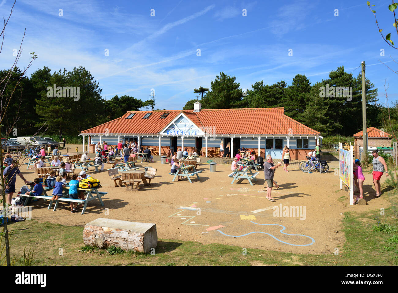 Cafe im Pinienwald, Strand Wells-Next-the-Sea, Norfolk, England, Vereinigtes Königreich Stockfoto