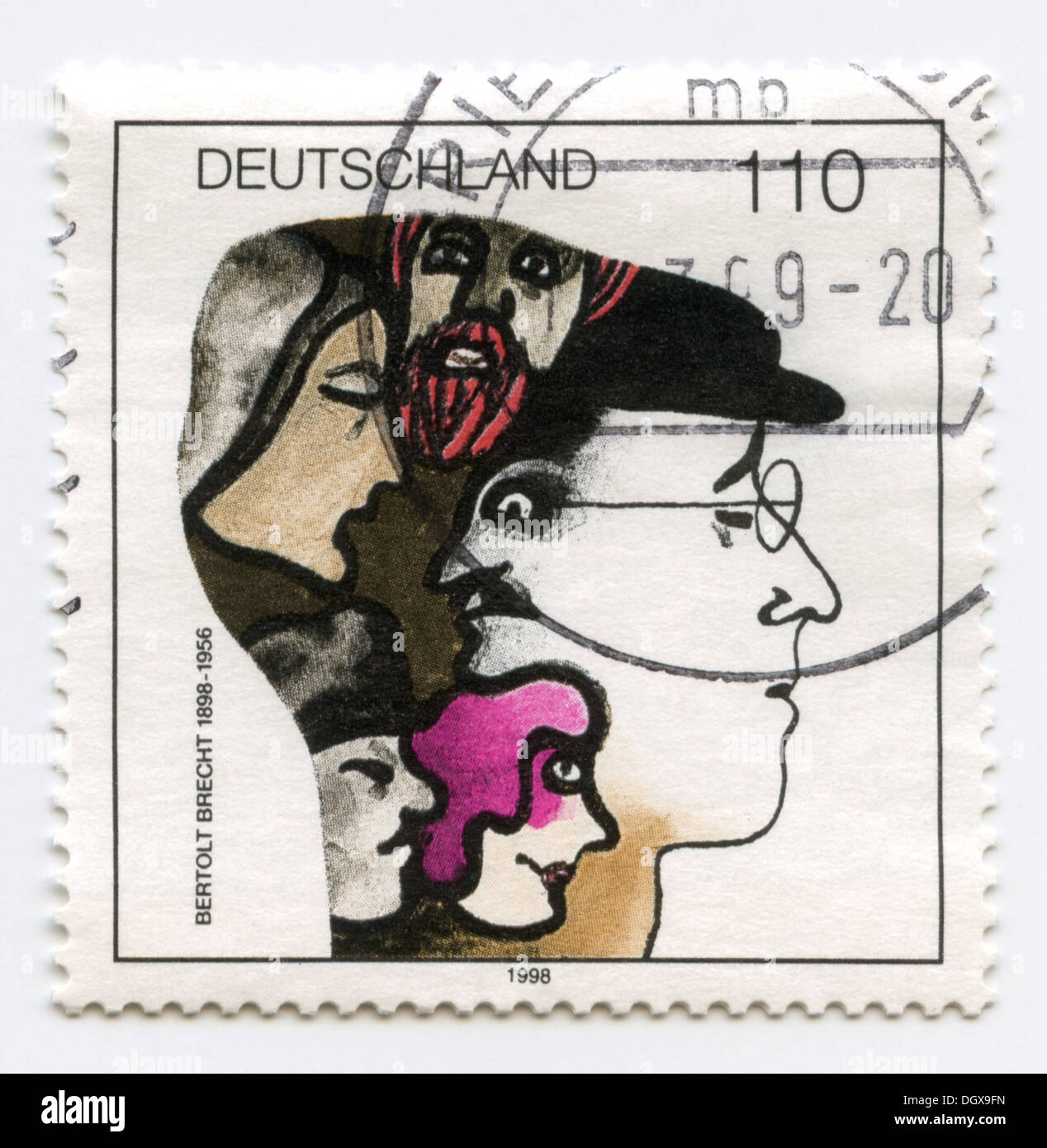 Deutschland-Briefmarke mit Bertolt Brecht, ein deutscher Dichter, Dramatiker, Theaterregisseur und Marxist Stockfoto