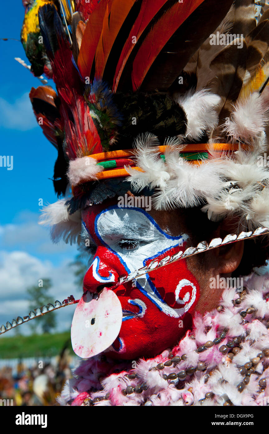 Frau in einem bunt geschmückten Kostüm mit Bemalung in den traditionellen Sing-Sing sammeln, Hochland, Mount Hagen Stockfoto