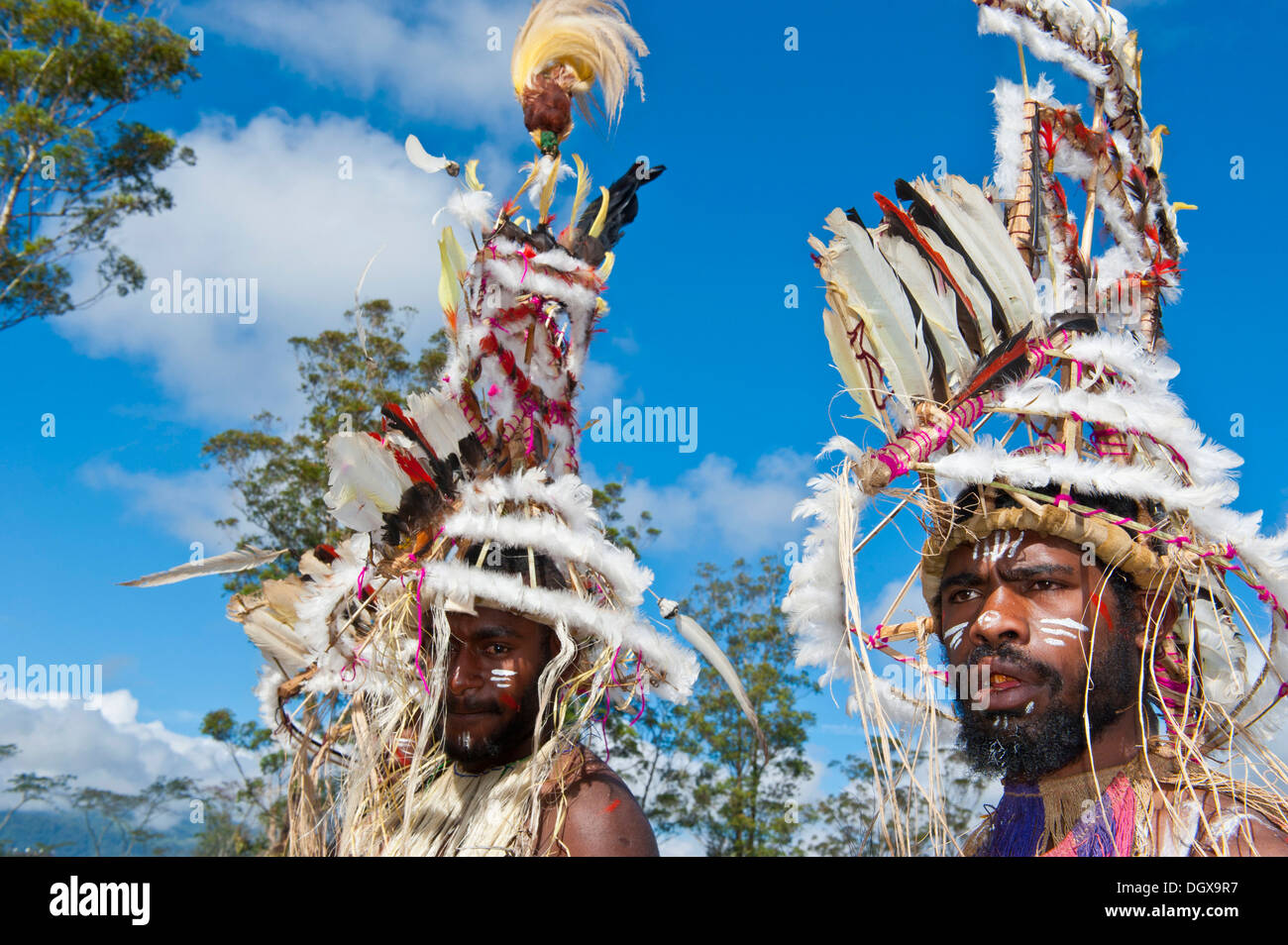 Mitglieder eines Stammes in bunt dekoriert Kostüme mit Bemalung in den traditionellen Sing-Sing sammeln, Hochland Stockfoto