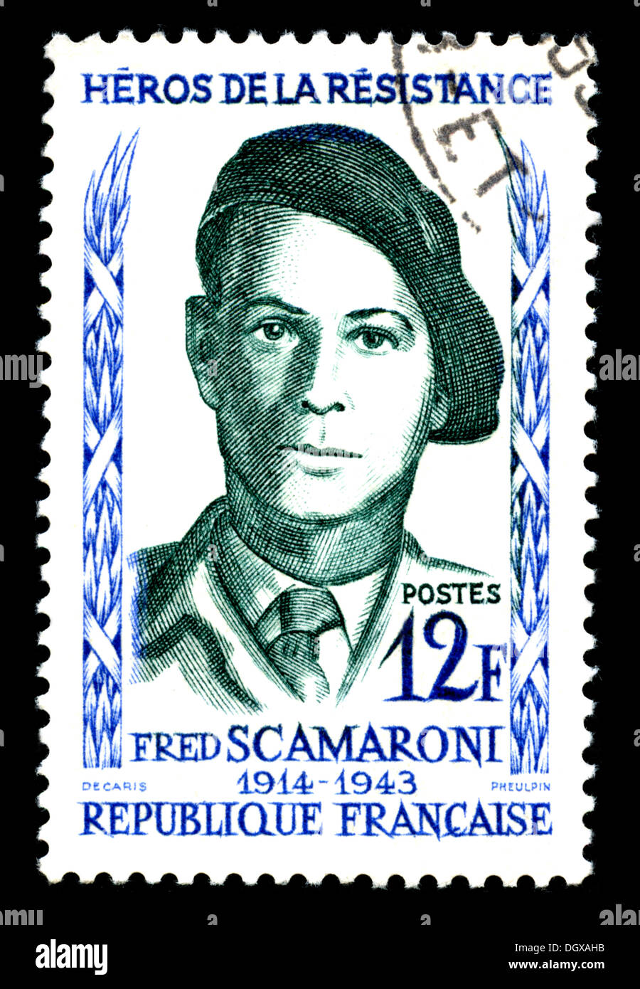 Frankreich-Briefmarke mit Fred Scamaroni (1914 – 1943), ein französischer Offizier und ein Held des Widerstandes während des zweiten Weltkriegs Stockfoto