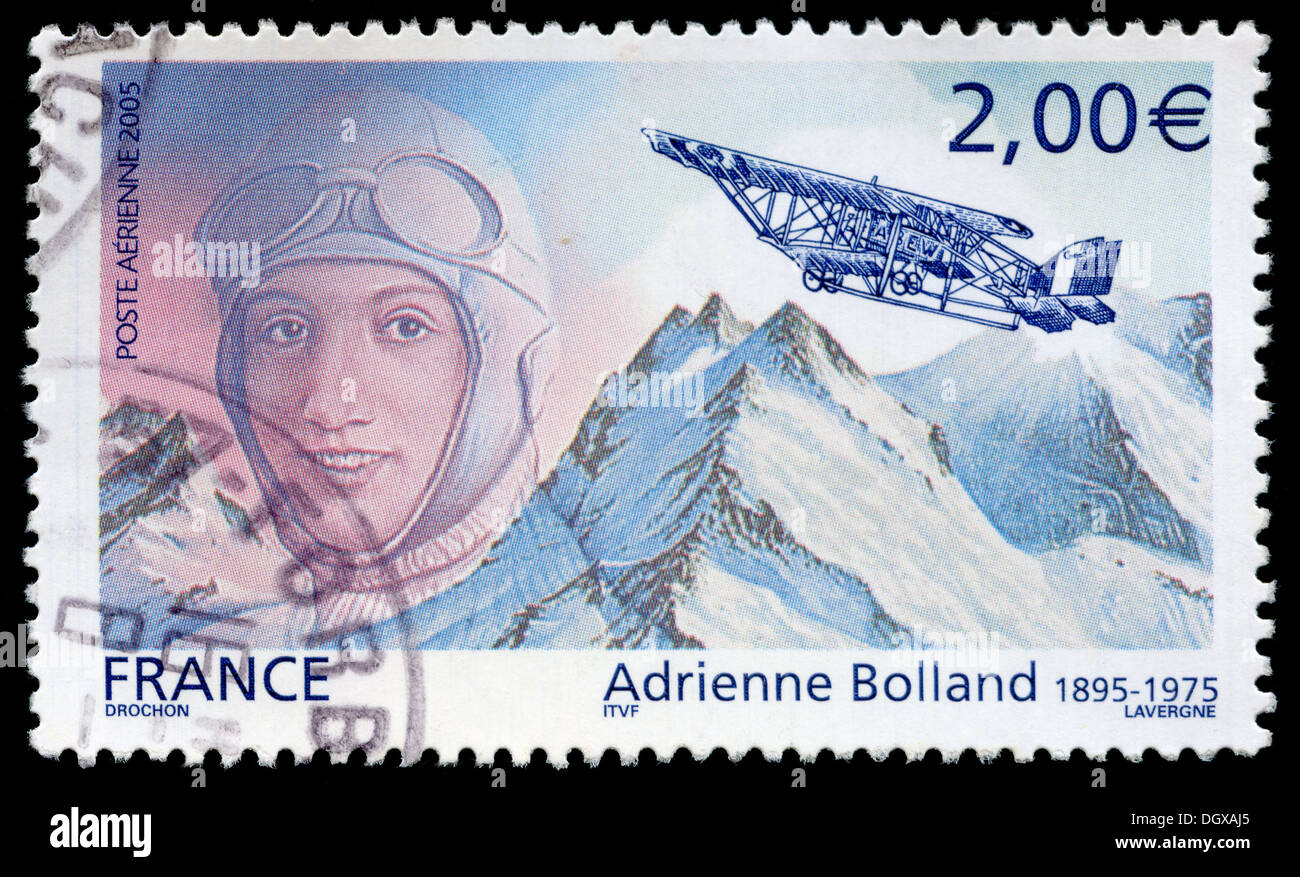 Frankreich-Briefmarke Adrienne Bolland, Darstellung, eine französische Testpilot und die erste Frau, die Anden überfliegen Stockfoto