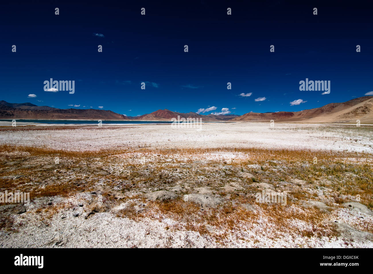 Himalaya Hochgebirge Landschaft Panorama mit Salz See Tso Kar unter blauem Himmel. Indien, Ladakh, Höhe 4600 m Stockfoto