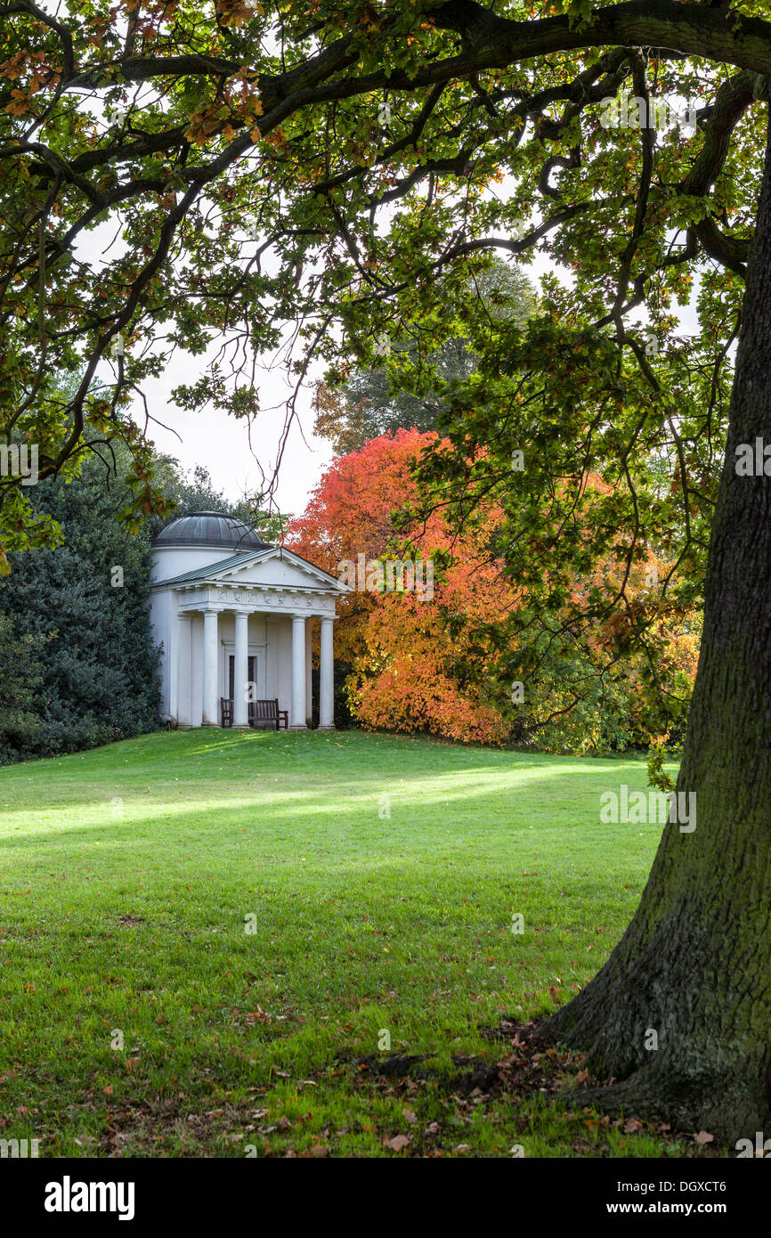 Der Tempel der Bellona und Baum mit Herbst orange Laub - Kew Gardens, London UK Stockfoto