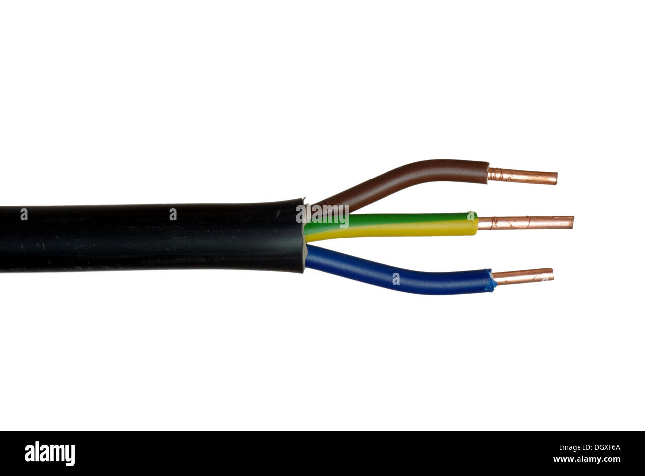 elektrische Kabel auf weißem Hintergrund Stockfoto