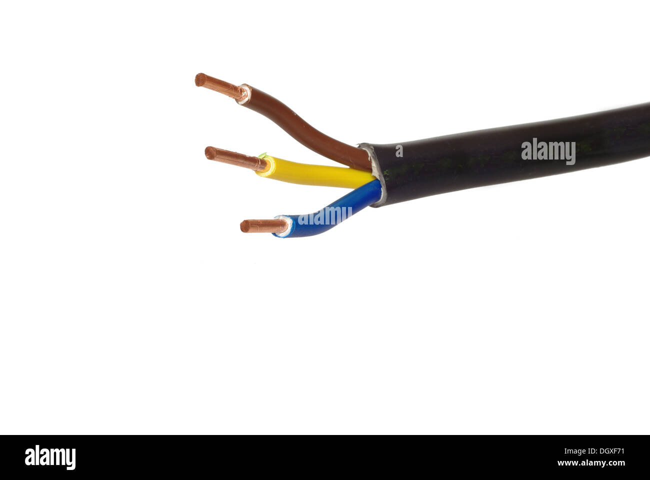 elektrische Kabel auf weißem Hintergrund Stockfoto