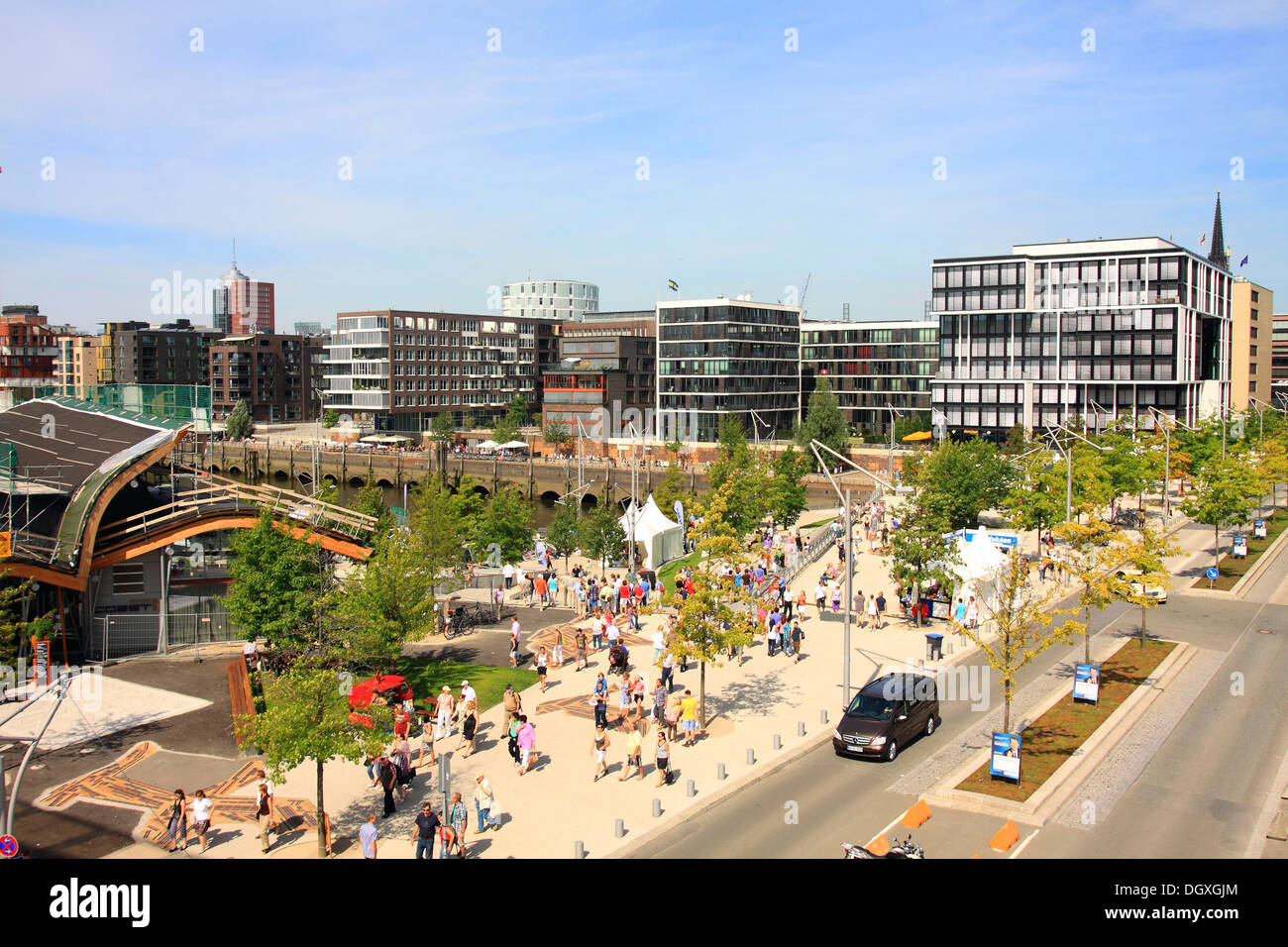 Blick von einer Aussichtsplattform in Richtung HafenCity, Hansestadt Hamburg Stockfoto