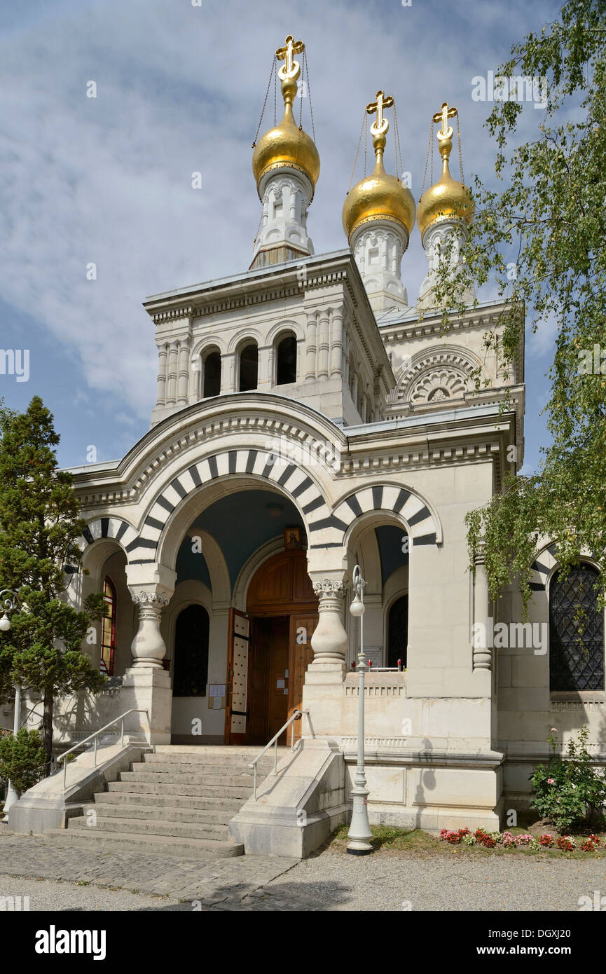 Vergoldeten Zwiebeltürme der russisch-orthodoxen Kirche, Genf, Schweiz, Europa Stockfoto